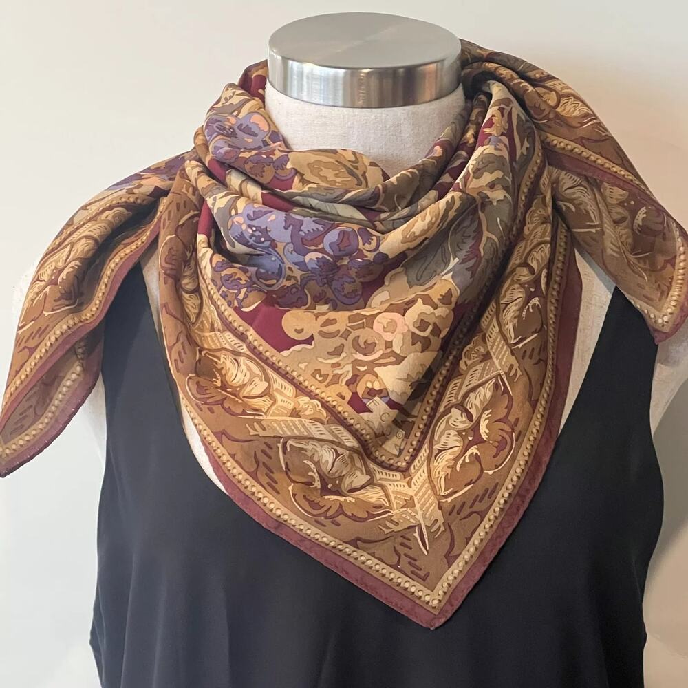 ECHO Silk Crepe de Chine Deep Red Tan Purple Fruit Trees Scarf Square 32x32"